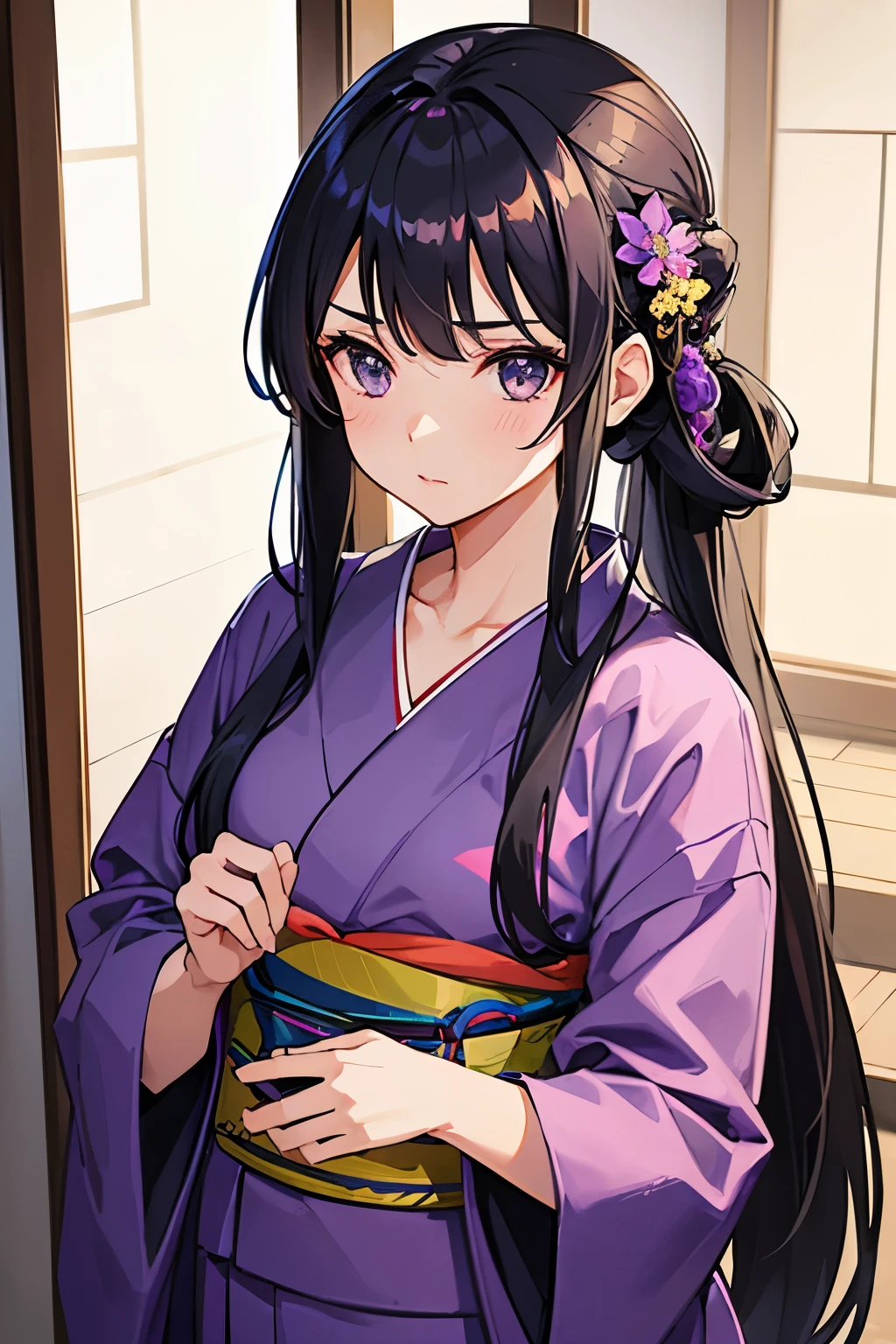 Girl with long black hair tied back, gray eyes. Wearing a purple flowered yukata.