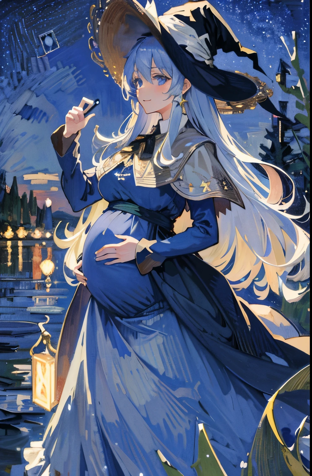 ((Masterpiece:1.2, Best quality)), 1girll, Solo, (Witch hat), Blonde hair, Long hair, dress, aurora, Night, Star (sky), mitts, sky, White dress, Night sky, Open mouth, Starry sky, Blue eyes, ribbon, Very long hair, Red dress, Smile, Hair ribbon, Cape, Blue hair, (Bird), magic, casting spell, Dark clouds, Night, (Impressionism:1.4), (tarot:1.3), Alphonse Mucha,Pregnant belly, maternity attire for pregnant women，maternity dress，pregnant belly，Pregnant belly