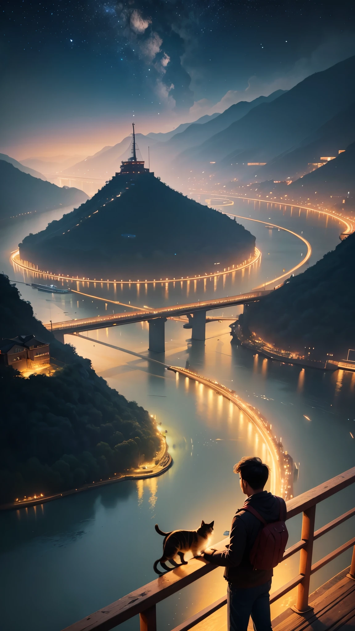 a man standing on a yangtze bridge looking at the river with a cat looks at the river below, the sky is full of stars at night