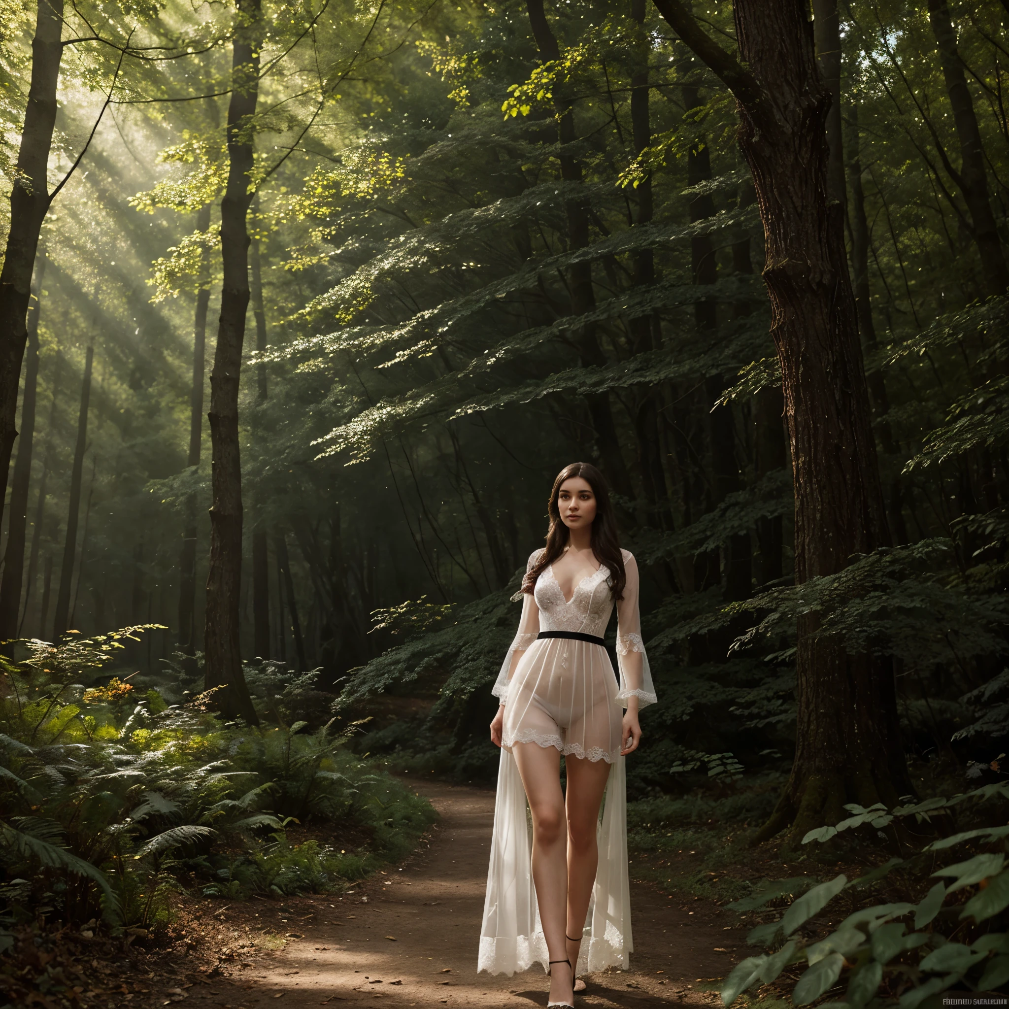 generated a full body of a 21 years old young white woman with dark brown hair, wear Black with Ivory trim Sheer Lace Teddy in a Fairytale Forest: Picture a mystical fairytale forest filled with towering trees and soft, filtered sunlight. Amidst this enchanting setting, a model wears a wear Black with Ivory trim sheer lace teddy, evoking a sense of whimsy and ethereal beauty amidst nature's splendor.
