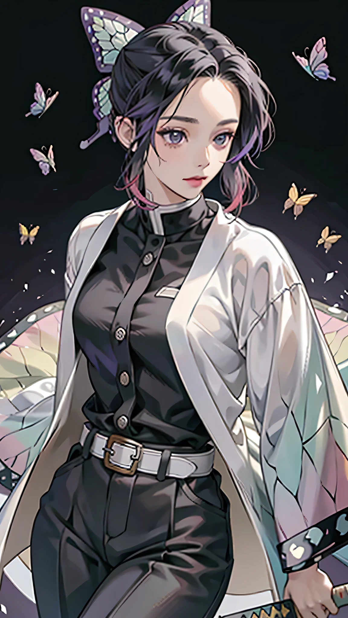 photorealistic, high resolution, soft light,1women, solo, hips up, (detailed face), nami \(one piece\), tattoo, jewelry,kochou shinobu,multicolored hair,no bangs,hair intakes,purple eyes,forehead,black shirt,black pants,haori,butterfly,buttons,belt, katana