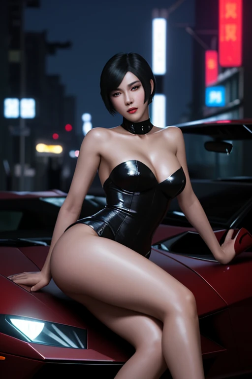 The beautiful Ada Wong sits on the hood of a Lamborghini on the street holding a gun at night.