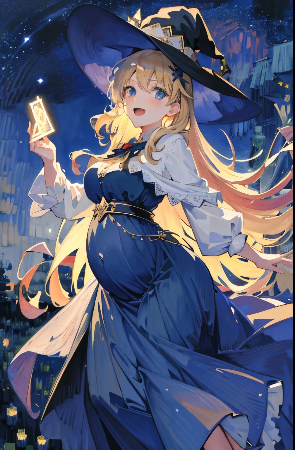 ((Masterpiece:1.2, Best quality)), 1girll, Solo, (Witch hat), Blonde hair, Long hair, dress, aurora, Night, Star (sky), mitts, sky, White dress, Night sky, Open mouth, Starry sky, Blue eyes, ribbon, Very long hair, Red dress, Smile, Hair ribbon, Cape, Blue hair, (Bird), magic, casting spell, Dark clouds, Night, (Impressionism:1.4), (tarot:1.3), Alphonse Mucha,Pregnant belly, maternity attire for pregnant women,maternity dress,pregnant belly,Pregnant belly