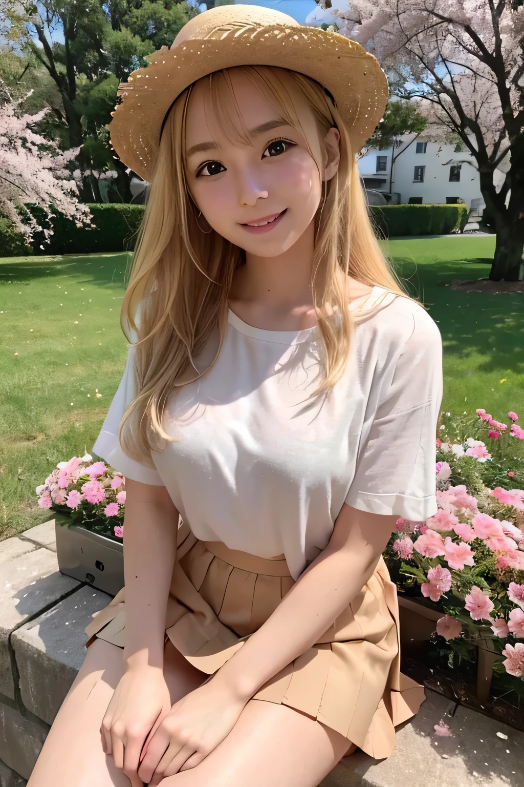 highest quality、masterpiece、ultra high resolution、(photorealistic:1.4)、glowing skin、shiny skin、raw photos、1 girl、1people、solo、18-year-old、high school girl、((blonde、golden hair))、Full body Esbian、double eyelid、Loose and fluffy perm、medium long hair、A sloppy smile、soft chest、Red skirt、Glamour、one piece、skirt、straw hat、stroll、walk、cherry blossoms、garden