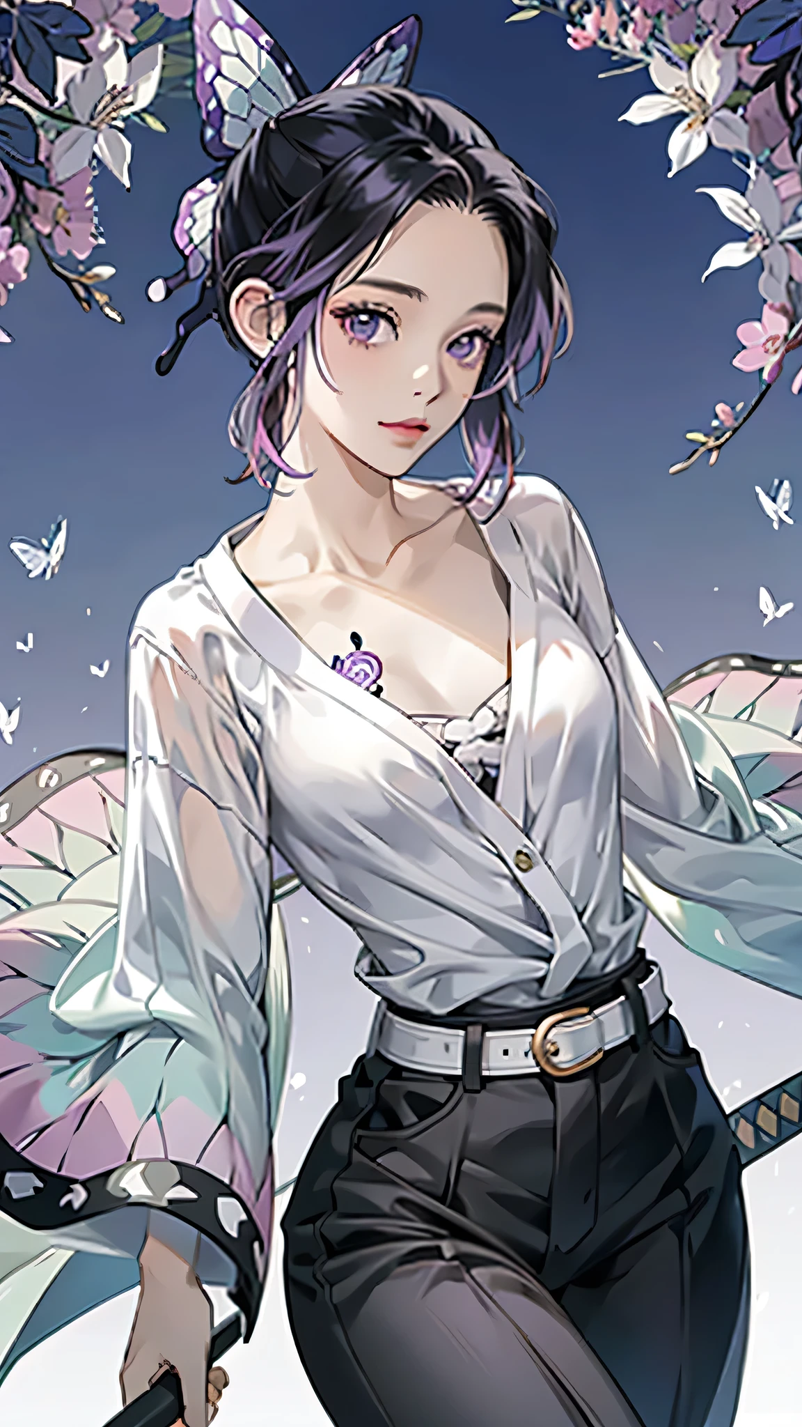 photorealistic, high resolution, soft light,1women, solo, hips up, (detailed face), nami \(one piece\), tattoo, jewelry,kochou shinobu,multicolored hair,no bangs,hair intakes,purple eyes,forehead,black shirt,black pants,haori,butterfly,buttons,belt, katana