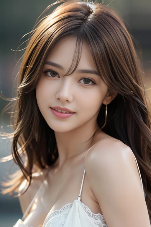 highest quality, Realistic, Very detailed, In detail, High resolution, 8k wallpaper, One beautiful woman,, Light brown messy hair, Nothing to wear, Sharp focus, Perfect dynamic composition, Beautiful fine details, Fine hair, Detailed and realistic skin texture, smile, Model Body Type, Full body photo