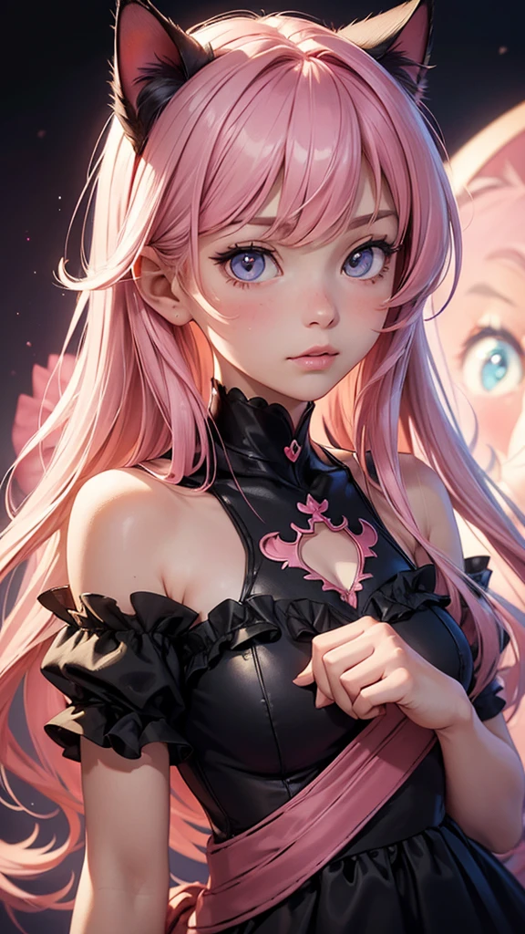 (high resolution, upper body, soft skin:1.2),(best illustration,masterpiece:1.2),ultra-detailed,[(cat ears ,pink inside:1.2),vivid colors,sharp focus,portrait,studio lighting,bokeh, wearing a Black Princess Bow Sling Dress, spotlight background 