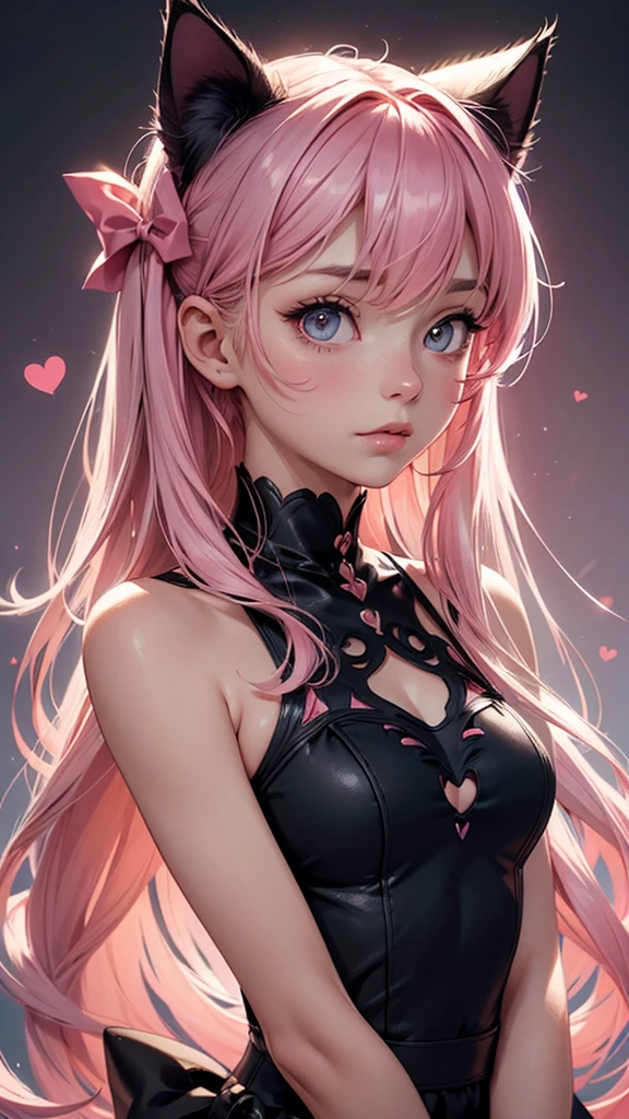 (high resolution, upper body, soft skin:1.2),(best illustration,masterpiece:1.2),ultra-detailed,[(cat ears ,pink inside:1.2),vivid colors,sharp focus,portrait,studio lighting,bokeh, wearing a Black Princess Bow Sling Dress, spotlight background