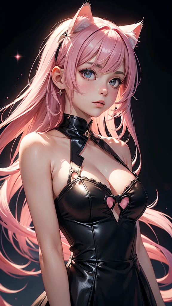 (high resolution, upper body, soft skin:1.2),(best illustration,masterpiece:1.2),ultra-detailed,[(cat ears ,pink inside:1.2),vivid colors,sharp focus,portrait,studio lighting,bokeh, wearing a Black Princess Bow Sling Dress, spotlight background