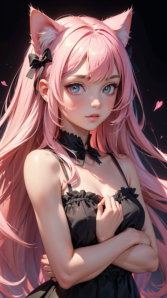 (high resolution, upper body, soft skin:1.2),(best illustration,masterpiece:1.2),ultra-detailed,[(cat ears ,pink inside:1.2),vivid colors,sharp focus,portrait,studio lighting,bokeh, wearing a Black Princess Bow Sling Dress, spotlight background 