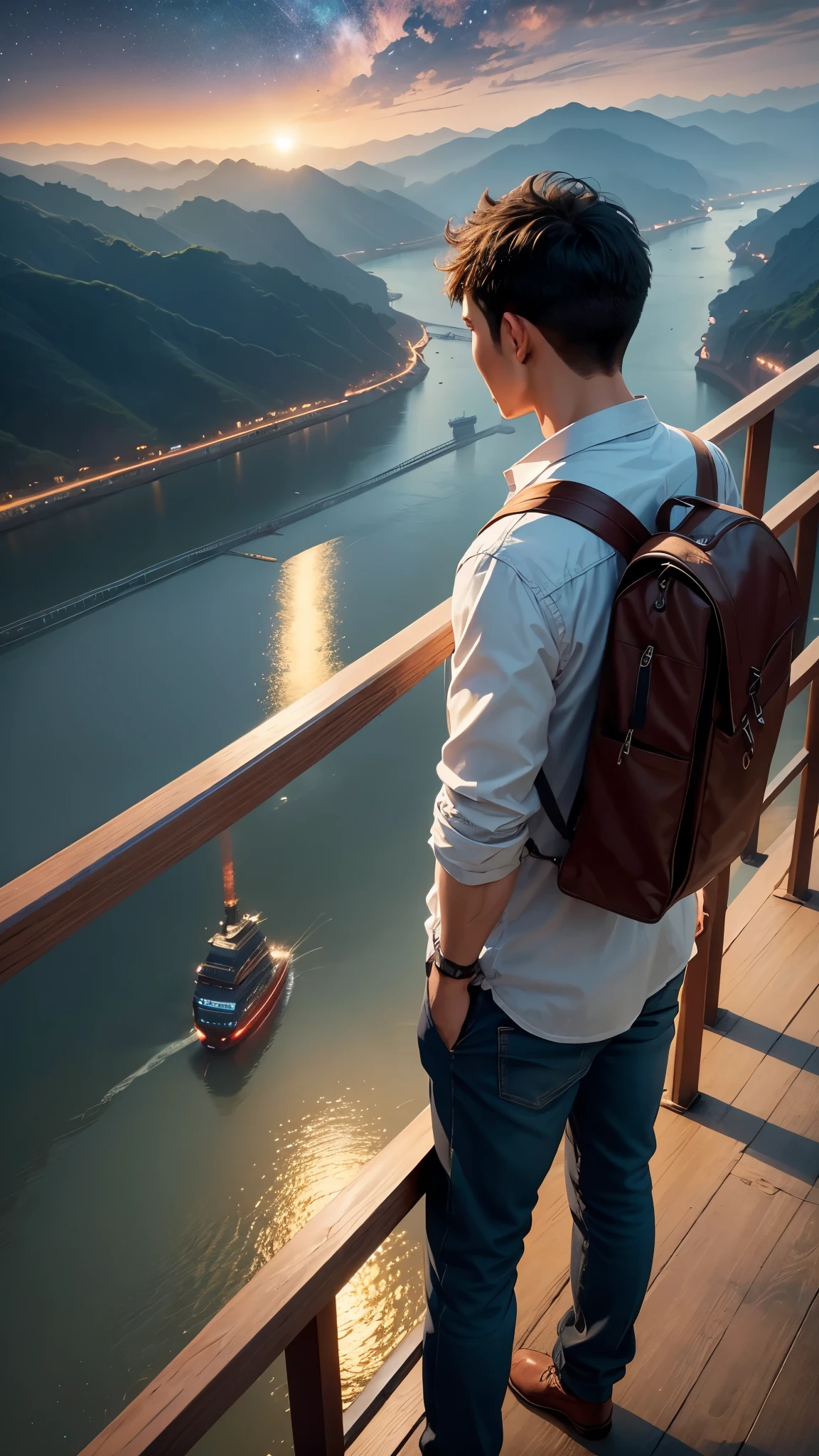 a man standing on a yangtze river bridge looking at the river with a cat looks at the river below, the sky is full of stars at night