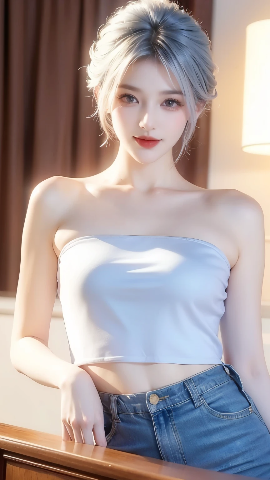 (masterpiece, top quality, best quality, official art, beautiful and aesthetic:1.2), (beautiful face), extremely detailed,colorful,highest detailed, 1 girl , short hair, light blue hair, camisole, crop top, , short jeans, underwear, butt showing, thighs, smiling, happy, blush, tilting head, looking at the camera, glowing, sidelighting, wallpapers,