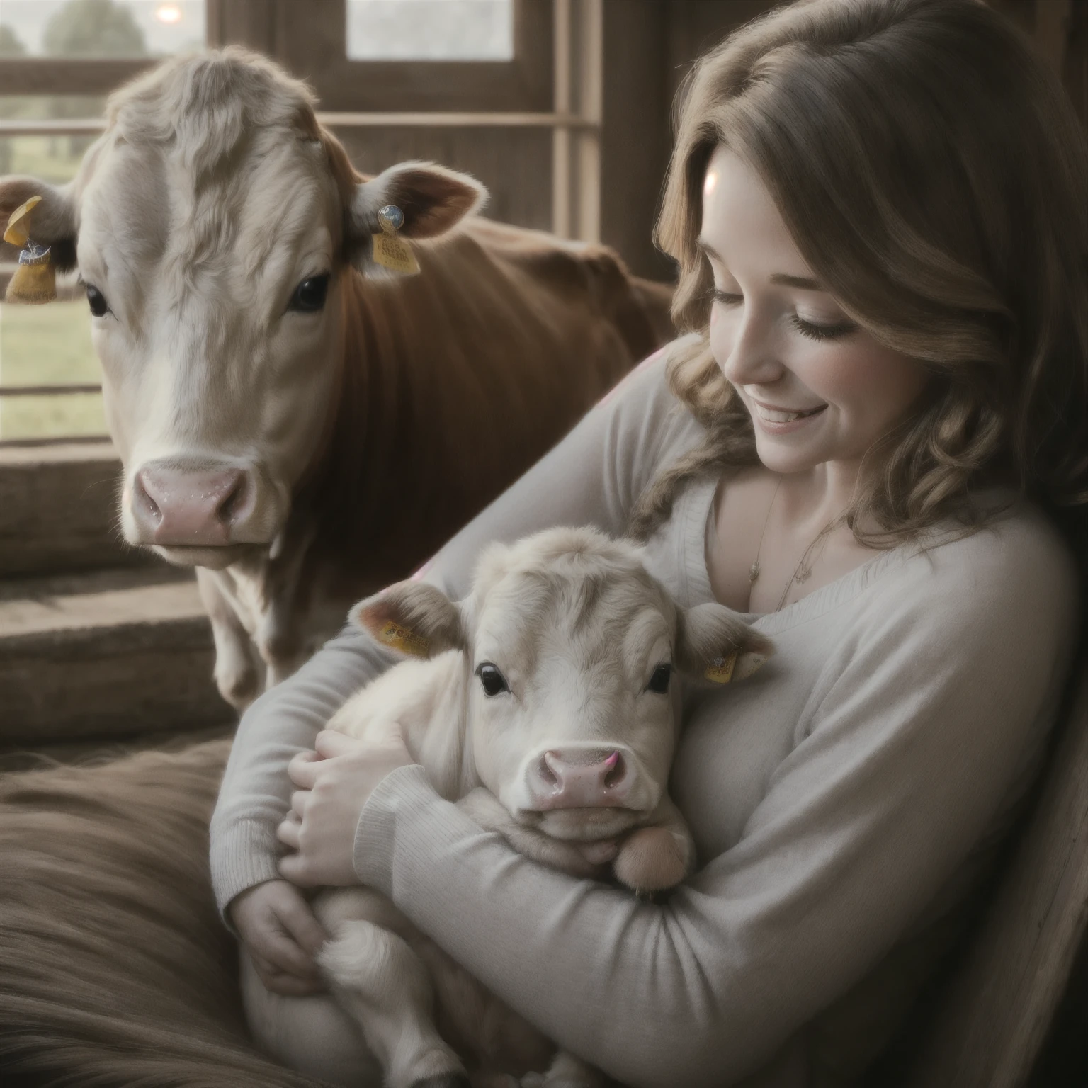 This is a cozy and happy image of ((a woman)) curled up next to an adorable calf. The woman is lovely with interesting and beautiful eyes and puffy lips. Her eyes are (colorful) and have interesting color combinations. The calf is sleepy and cute, with detailed eyes and cow markings. Include many cozy and peaceful details. Include warm, peaceful, pretty, elegant, baby cow, lovely  woman, smile lines, god rays, rays of light, shimmer, ((masterpiece)), best quality, ultra detailed. Perspective places the woman and the calf in the center of the image. Utilize dynamic composition and cinematic lighting techniques. (((The baby cow is as important as the woman and should be perfect and cute.)))