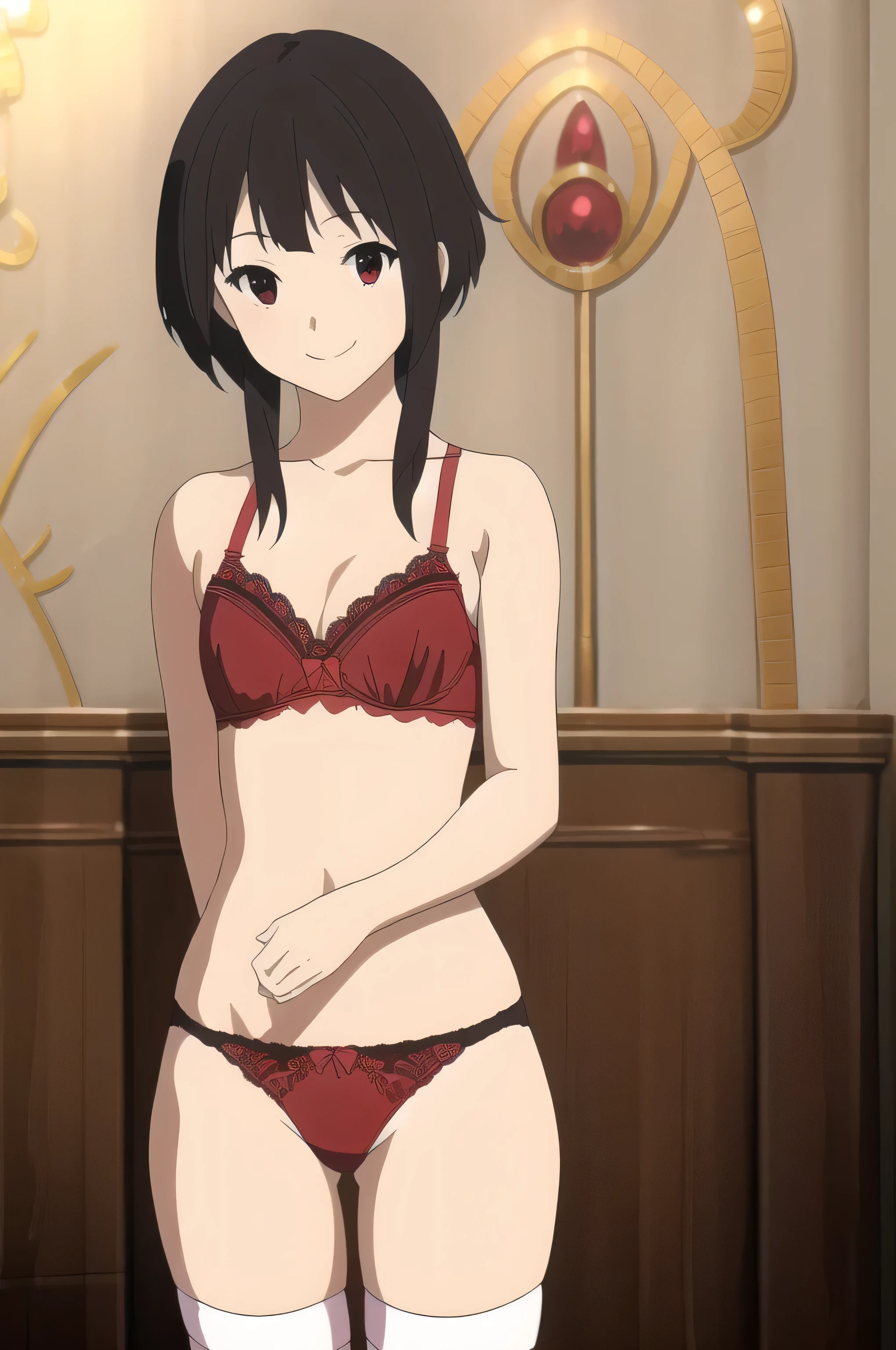 masterpiece、16k high resolution photos、Ultra-detailed、highest quality、Perfect Anatomy、(Photorealistic:1.4)、(Megumin)、1 girl、(Shortcuts、Black-haired)、Red eyes、smile、Looking at the camera、(bra:1.5、small、White lace)、Beautiful cleavage、Hard chest。Large Breasts:1.５、Beautiful and smooth、Huge Ass:1.6、Wide hips:1,6、(Thong Panties:1.4、High leg、White lace)、Bedroom Background、Look forward、standing、ＨPause、