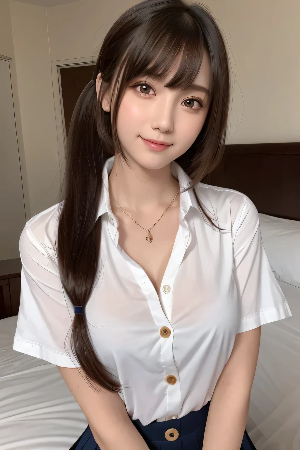 one girl, (A beauty girl, Delicate girl:1.3), (, cute:1.3), break, (School uniform:1.3), break, (Open the buttons on your shirt:1.3), break, Cleavage, break, Very fine grain definition, (Symmetrical eyes:1.3), break, (bedroom:1.2), break, Large Breasts, Brown eyes, Parted bangs, Brown Hair, ponytail, break, Smile, Strike a cute pose, break, (Eyes and facial details:1.0), break, (masterpiece, highest quality, Super detailed, Detailed face, 8k)