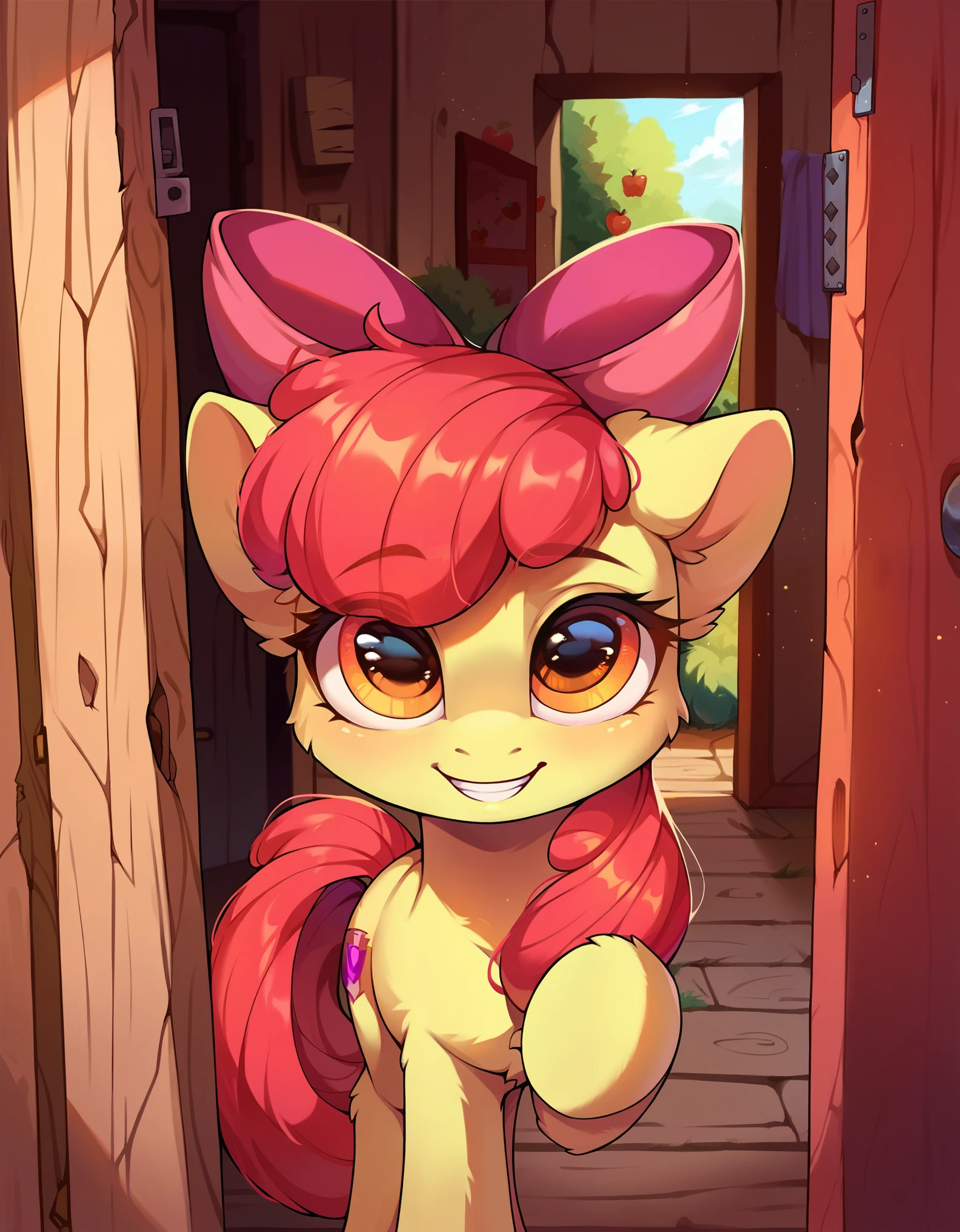 score_9, score_8_up, score_7_up, score_6_up, best quality, highres, source_furry, solo, feral, apple bloom, , young, three-quarters view, out door, home