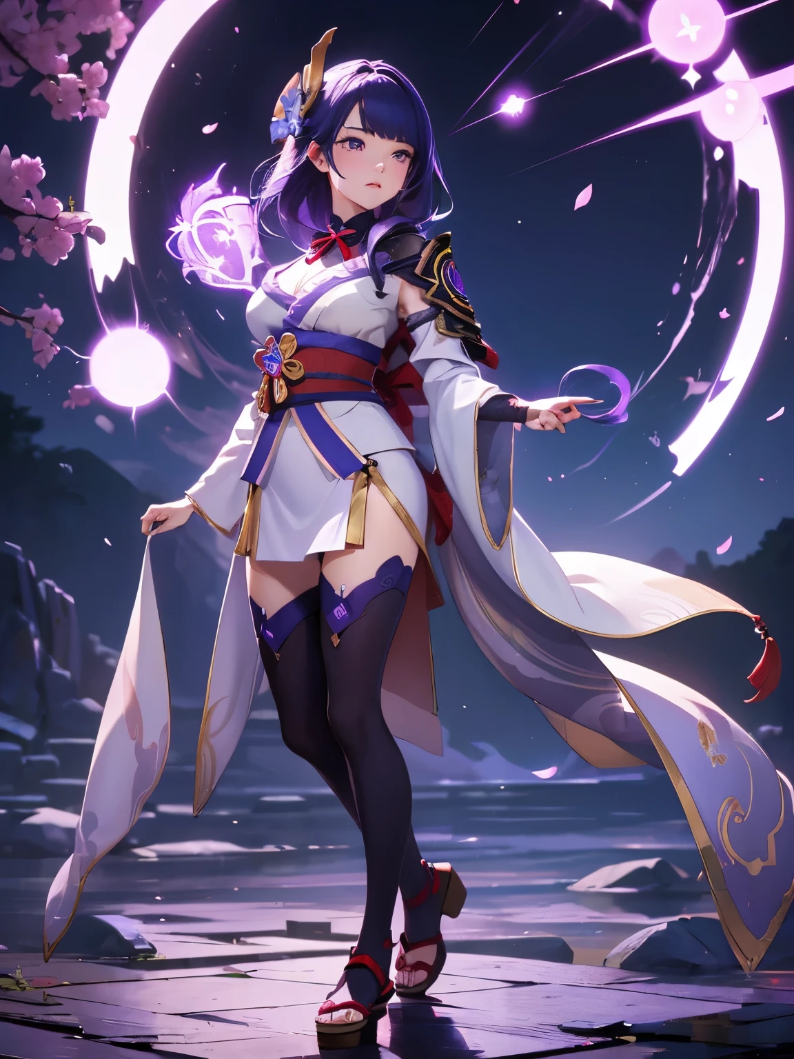 ((Full body image:1.4))Japanese Shrines, (highest quality，Realistic,masterpiece:1.2，8k wallpaper:1.2)，((Pale skin))，One Girl，women only，((Genshin Impact_Impact，General Raiden))，Lightning Particles，Purple Lightning，Light background，cherry blossoms，Purple Theme，Delicate facial features，Sexy and beautiful anime girls，General Raiden，Long purple hair，Rosy lips，Anime Mouth，shut up.，(Very sad face)，fine grain，Big breast type，
