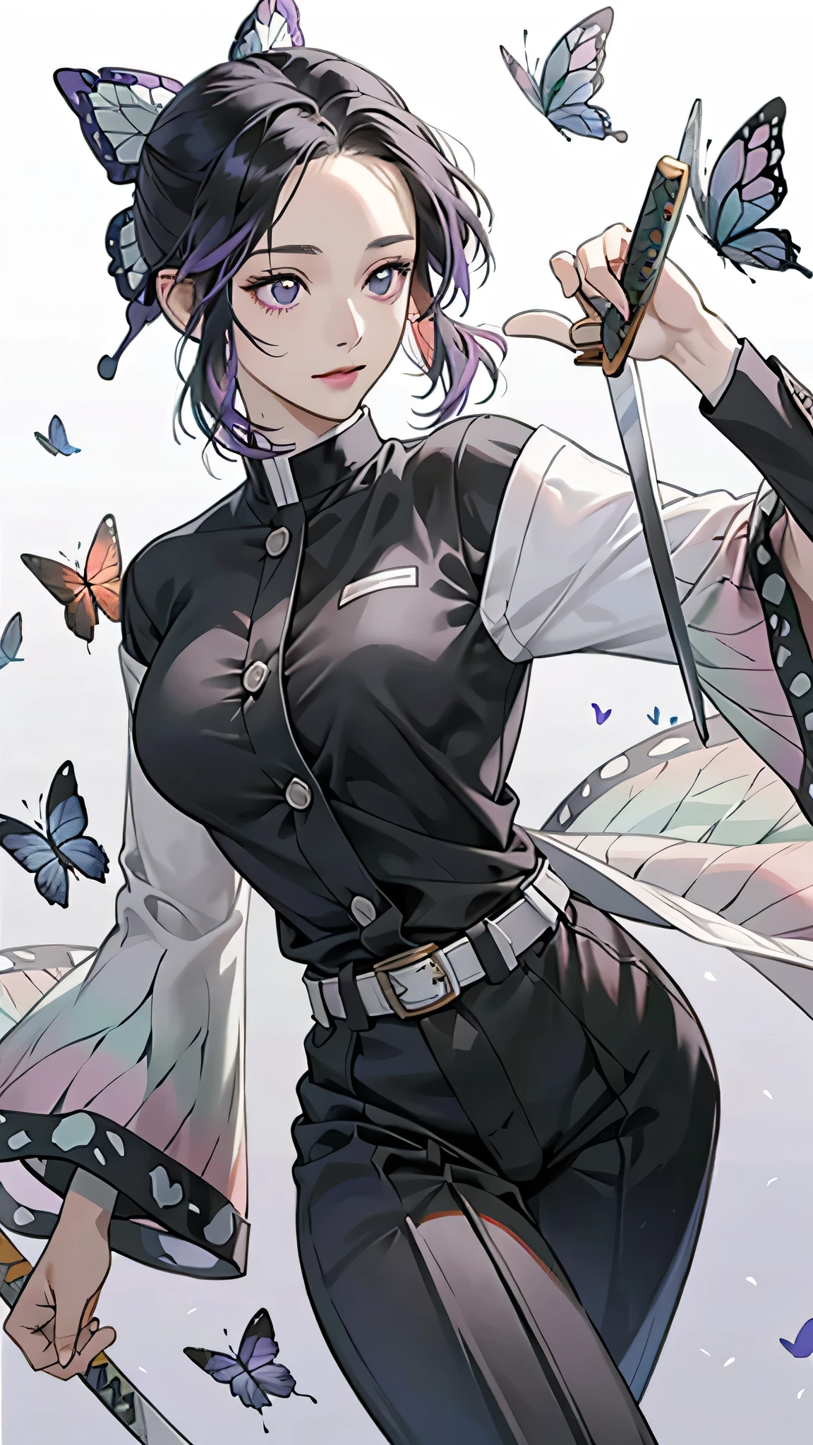 photorealistic, high resolution, soft light,1women, solo, hips up, (detailed face), nami \(one piece\), tattoo, jewelry,kochou shinobu,multicolored hair,no bangs,hair intakes,purple eyes,forehead,black shirt,black pants,haori,butterfly,buttons,belt, katana