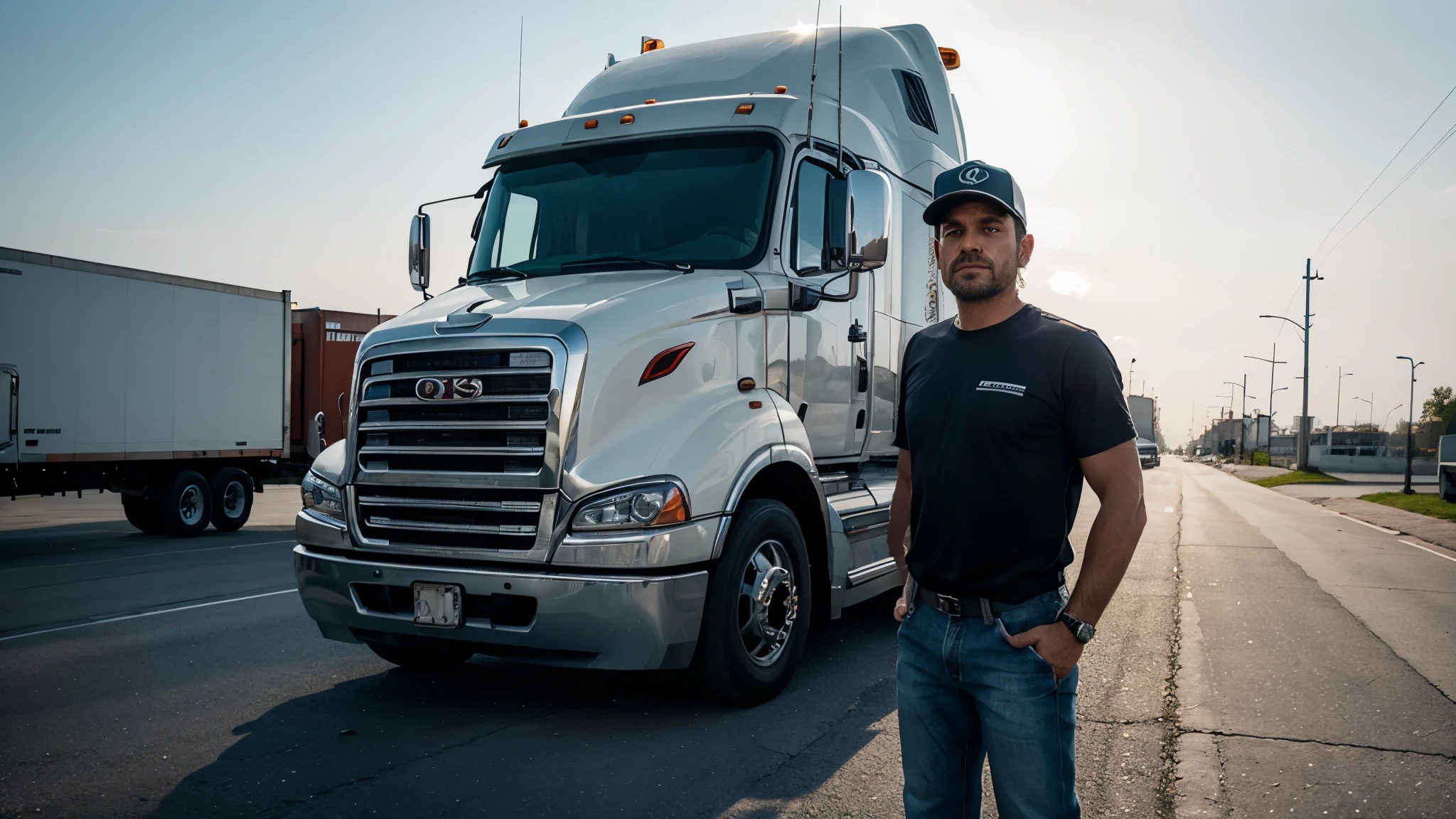 Trucker man, image by pelvis, stands on a white background