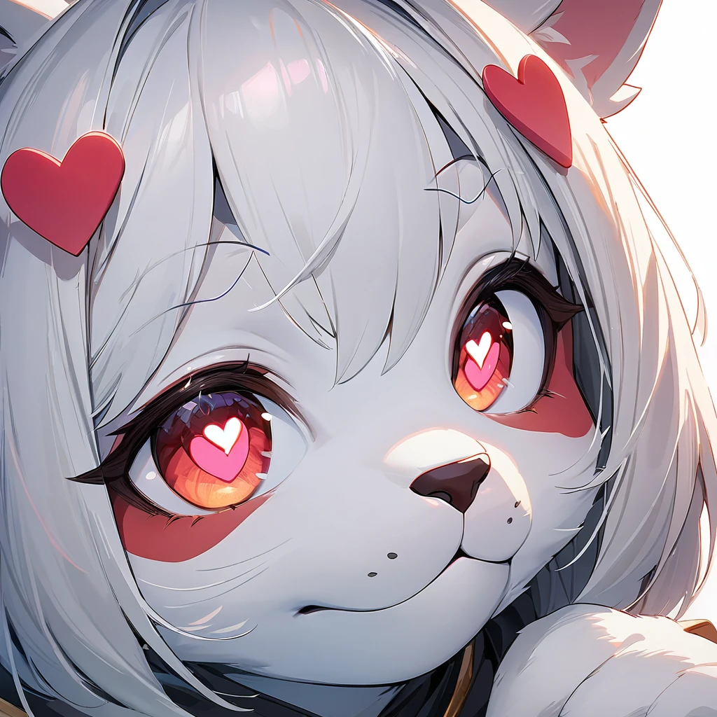 (best quality:1.2, top quality, highest resolution:1.2, masterpiece:1.3, high quality, high res, 4k, 8k, amazing 16k resolutions) Close up face, girl, heart eyes pupils, very flushtered face, very red face, (very beautiful eyes, very detailed eye), spoken hearts, (furry) 