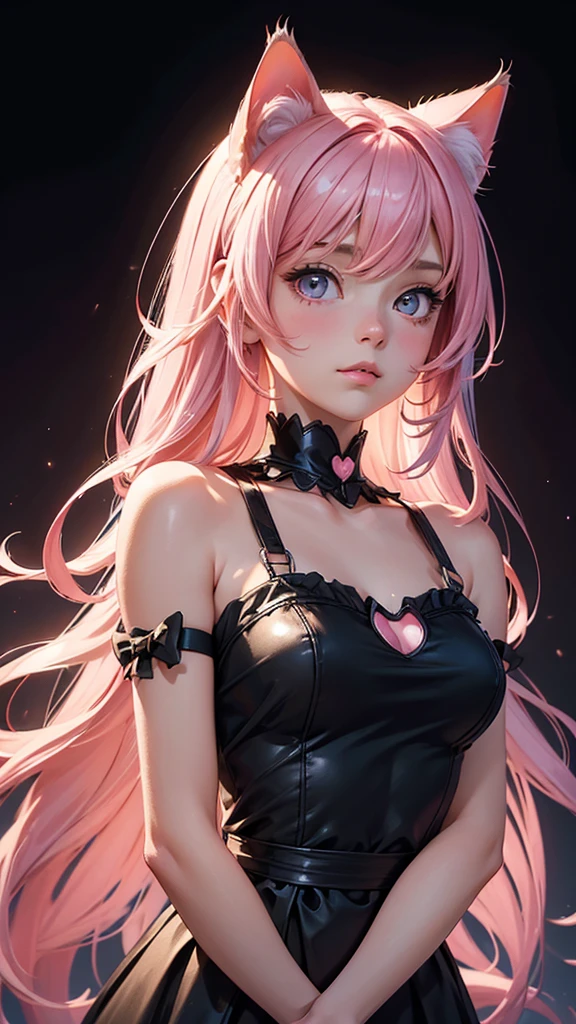 (high resolution, upper body, soft skin:1.2),(best illustration,masterpiece:1.2),ultra-detailed,[(cat ears ,pink inside:1.2),vivid colors,sharp focus,portrait,studio lighting,bokeh, wearing a Black Princess Bow Sling Dress, spotlight background, from below