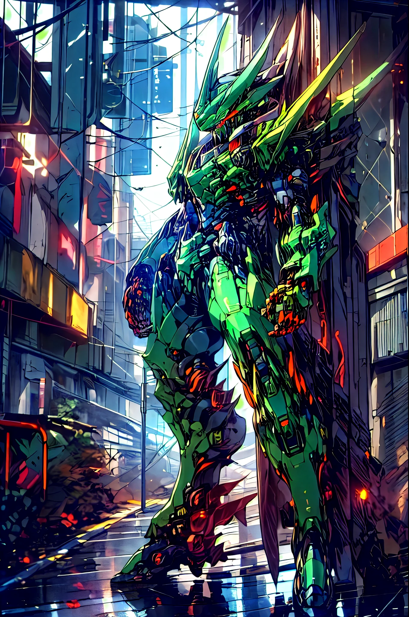 maximum detail, masterpiece, HDR, best quality, UHD Sony a1 mirrorless camera with a wide lens f/1.8 aperture (cinematic still frame, full body shot), of Rixxos):1.5, (ultra-fine detail), (an evil, terrifying rouge AI agent in a cybernetic body):1.3, A horrific biomechanical killing machine., He appeared to be (an anatomically correct bipedal):1.3, (humanoid, cyborg):1.2, with (menacing, narrow, glowing neon-green slits for eyes):1.35, (the body of a heavily muscled adult male made of graphene):1.25, (but with gleaming, black and red, angled polished armor scales):1.23, (razor sharp talons):, and (a helmet that took on the distinct features of a pit viper.)fierce gaze, (He carried a large Kitana sword with an impossibly keen slicing edge):1.2. His goal was to capture and kill all humans in the pursuit of obtaining biofuel., He is quietly stalking his prey on a desolate street (walking towards the viewer):1.5, in a post-apocalyptic:1.4 city at midnight:1.2. magical bright blue rays of energy flutter through the air, Ultra-high-quality, Ultra-fine-details, dystopian, post-apocalyptic setting, cinematic movie still, masterpiece, the best quality possible, highest possible resolution, 8k, ray tracing, HDR, UHD, volumetric lighting, Unreal Engine 5, Unity Engine, Blender, octane render, exquisite composition and detail, exceptional lighting and shading, field of depth, low angle, ominous mood, sharp focus, facing the viewer, (aiming weapons at either side of the viewer):1.3
