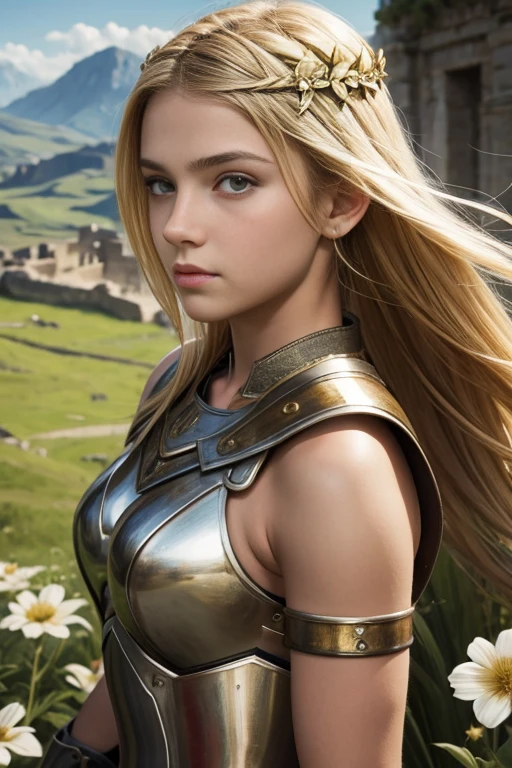 teen girl, roman warrior, princess blade , 14 years old, teenager girl,, small breasts, mini cropped, valkyrian princess ,blonde, detailed face, beautiful, confiant, background in uk land with flowers