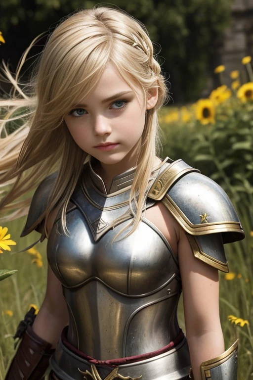 teen girl, roman warrior, princess blade , , teenager girl,, small breasts, mini cropped, valkyrian princess ,blonde, detailed face, beautiful, confiant, background in uk land with flowers