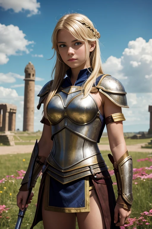 teen girl, roman warrior, princess blade , , teenager girl,, small breasts, mini cropped, valkyrian princess ,blonde, detailed face, beautiful, confiant, background in uk land with flowers
