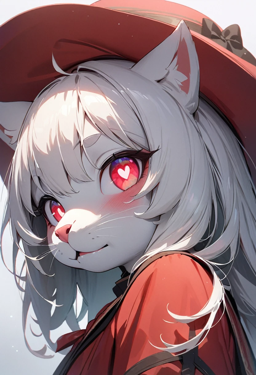 (best quality:1.2, top quality, highest resolution:1.2, masterpiece:1.3, high quality, high res, 4k, 8k, amazing 16k resolutions) Close up face, girl, heart eyes pupils, very flushtered face, very red face, (very beautiful eyes, very detailed eye), spoken hearts, (furry)