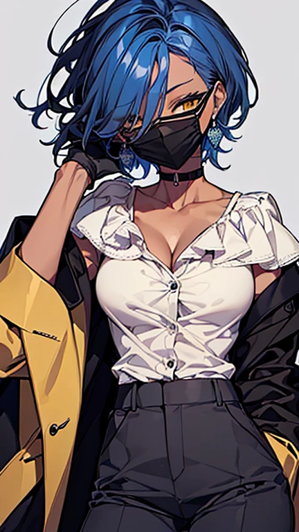 (highest quality、masterpiece:1.2) 1 Female, (adult), tall, (Dark skinned woman, hair over one eye), white hair, blue hair, mixed hair color, yellow Eyes, little glasses, ((black tailored jacket, shirts, short pants)), smiling eye, collarbone, (cleavage), little earring, armpit, (off shoulder), leather gloves, (mouth mask),