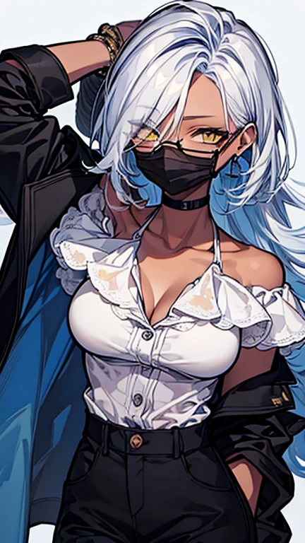 (highest quality、masterpiece:1.2) 1 Female, (adult), tall, (Dark skinned woman, hair over one eye), white hair, blue hair, mixed hair color, yellow Eyes, little glasses, ((black tailored jacket, shirts, short pants)), smiling eye, collarbone, (cleavage), little earring, armpit, (off shoulder), leather gloves, (mouth mask),