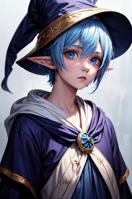 "(best quality, masterpieces:1.2), solo, 1boy, looking at viewer, wizard robe, wizard hat, elf ears, expressionless, sky blue hair, sky blue eyes, short hair, hair between eyes, mage cloth