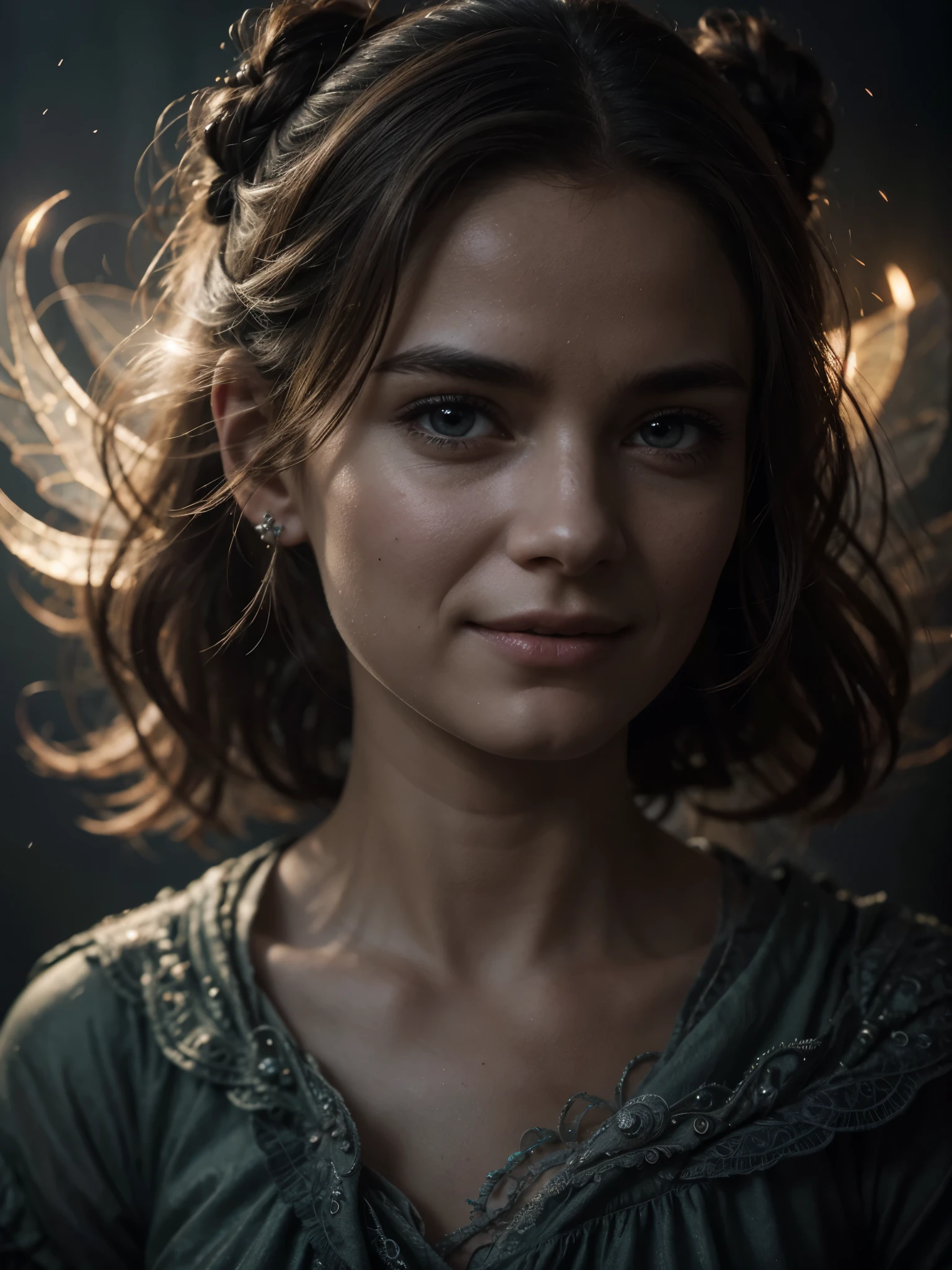 A highly detailed and hyper-realistic depiction of a joyful fairy princess with an intricately wrinkled face. The character is surrounded by mist, evoking a mysterious and eerie atmosphere. The lighting is dark and atmospheric, with a red smoke adding a touch of sinister ambiance. The image is of the best quality, with a resolution of 4k and HDR enhancement, showcasing the utmost level of detail and realism, sfw