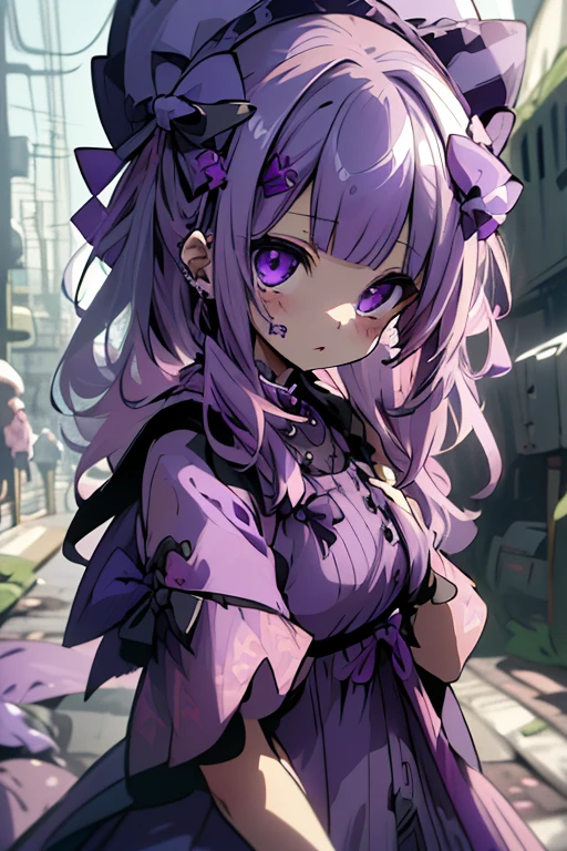 Absurd, High resolution, (Anime Style:1.1), ((Tabletop)), ((highest quality)), (Very detailed), (beautiful),beautiful face、(lift),length，Big eyes, Dense lines, Mixed Pattern，cute,1. Goth, Extending the pattern、Light purple hair、cute Ribbon、purple one piece clothes、Purple eyes、Simple background、Background gray、(((((One Girl、Purple mining suit、cute dress、A dress with a big pink bow、Pink ribbon dress)))))(体upon部、(((((One Girl )))))、((((upon、Youngest son))))、Gosic、{{{{{Gothic、体upon部}}}}}{{{{{{{{{{体upon部}}}}}}}}}}{{{magic}}}, ({{{{{Simple background、Fluffy hair}}}}})Medium format film camera, Natural blurred background,Fantasy