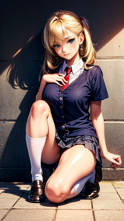 (((highest quality)), ((masterpiece)), (Very detailed), (Very high resolution), (Beautiful detailed sparkle))), ((Realistic)),
8k, (Anime Style), Anime 2D Rendering, Realistic young anime woman,
(((One Woman))),
(Symmetrical facial features:1.4, Perfect Face), Beautiful clavicle, (Beautiful fingers), (((Beautiful breasts, Slightly smaller chest))),
Beautiful body, Beautiful thighs, Beautiful feet, Perfect round butt, (((Detailed skin, Textured skin, Beautiful shiny white skin))),
BREAK
(, cute, 18-year-old),
Double eyelids, ((Thin eyebrows)), Long eyelashes,
(Expression of fine eyes, Beautiful and delicate eyes, Sparkling eyes, blue eyes),
(Beautiful Nose,Thin Nose),
(Glossy Lips, Beautiful Lips, thick lips),
(Beautiful Hair, Shiny Hair, Shiny Hair), Hair fluttering, (((Blonde, Double vertical roll))),
BREAK
((Collared short-sleeved shirt, White shirt, Red checkered pleated skirt, Red tie))、((Navy blue knee socks、Black Loafers))、 Earrings、
BREAK
(Enchanting、smile、Embarrassed expression、Blushing),
((Full Body Shot、Character portrait)、 Character Focus、turn around)、((noon、Sunshine、coastal))
