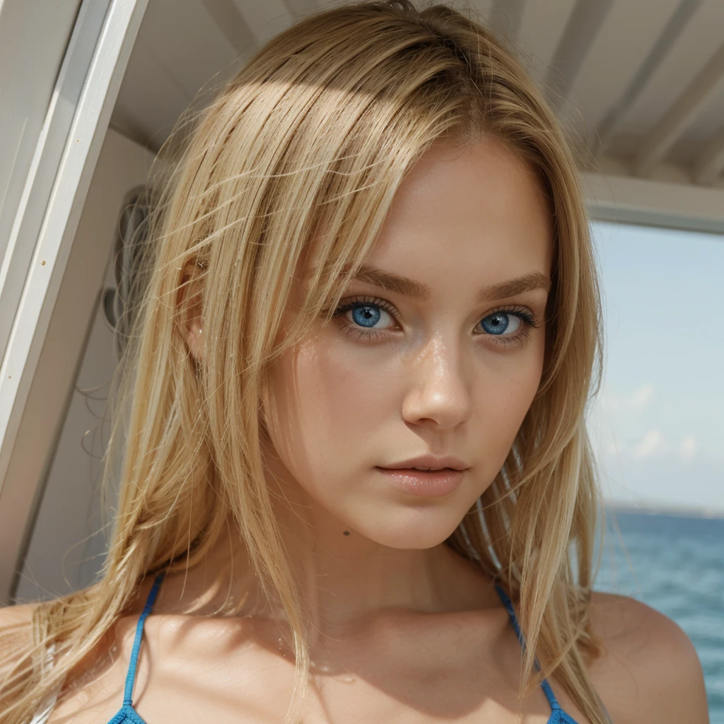 1girl, cute blonde girl, hair bangs, red bikini, cyan eyes, ultra realistic soft skin, extreme detail, high masterpiece, 8k, photography, studio light, ultra realistic lighting, high realistic ray tracing, RAW photo, photo studio, perfect detailed cute face, perfect teenage details, beach background, full body