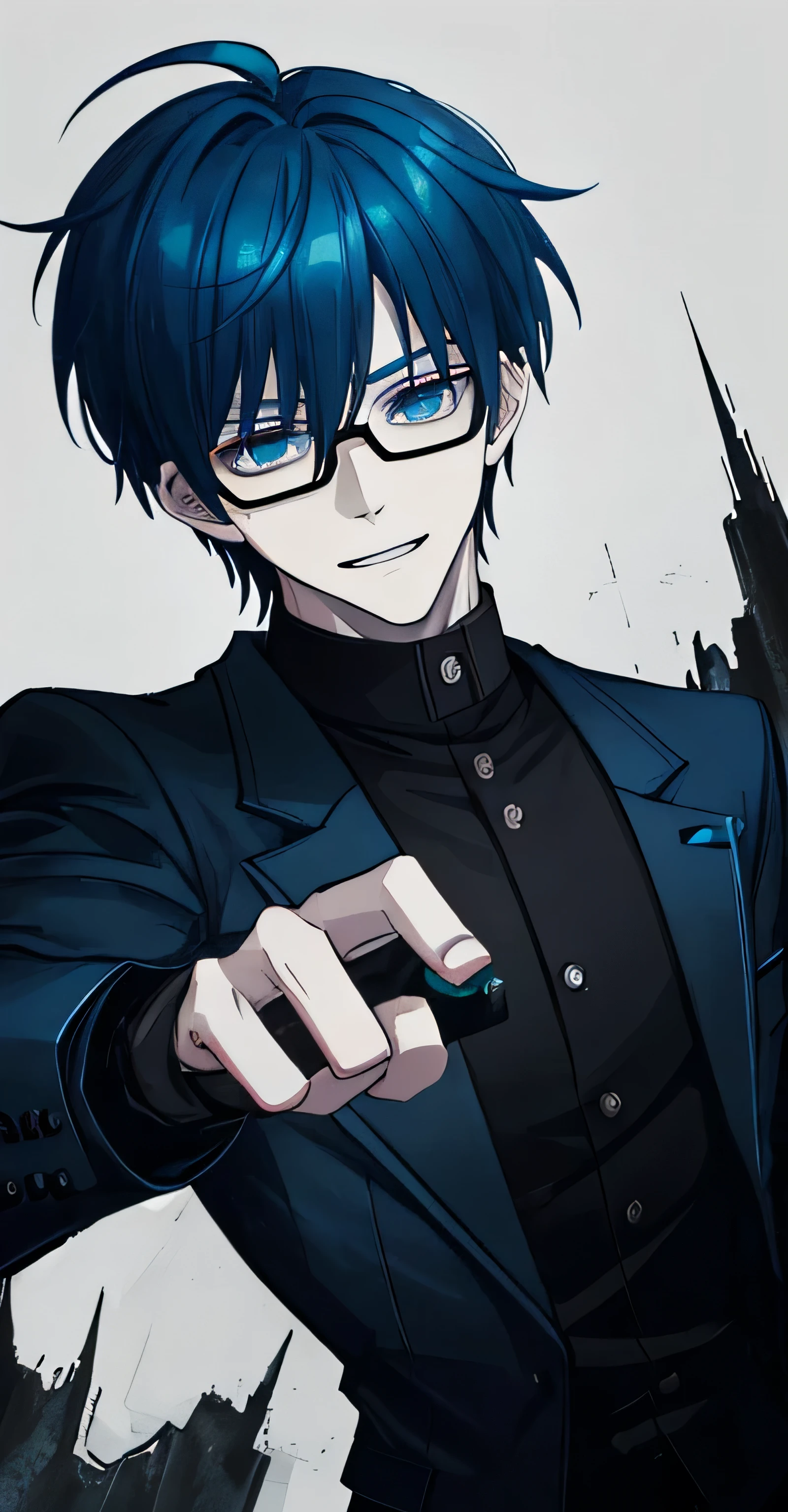 male character, blue hair, wearing a dark jacket, alone, blue and black color scheme, intense gauze, dark and sandy atmosphere, urban environment, dramatic lighting, mischievous smile, stoic look, white background, drizzling,wears black round glasses, as a character in tekken, badass pose, handsome anime pose, inspired by Jang Seung-eop, with teal clothes, wearing an Black round glasses, park jimin, jk uniform, jungkook, mechanic punk outfit