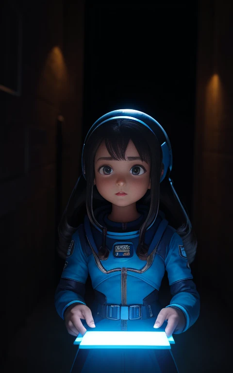 Obra de arte(Melhor qualidade)(metade do corpo)Garota negra, 20 anos, cabelo curto com cachos, is wearing a spacesuit, estilo 3d pixar, fundo: She's on a spaceship, looking at the camera with a tablet in hand. LED blue lighting.
