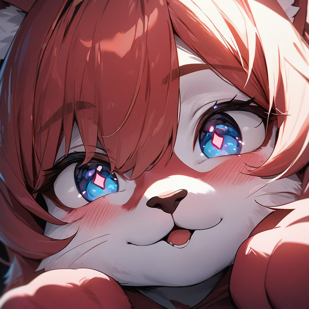 (best quality:1.2, top quality, highest resolution:1.2, masterpiece:1.3, high quality, high res, 4k, 8k, amazing 16k resolutions) Close up face, girl, heart eyes pupils, very flushtered face, very red face, (very beautiful eyes, very detailed eye), spoken hearts, (furry) 