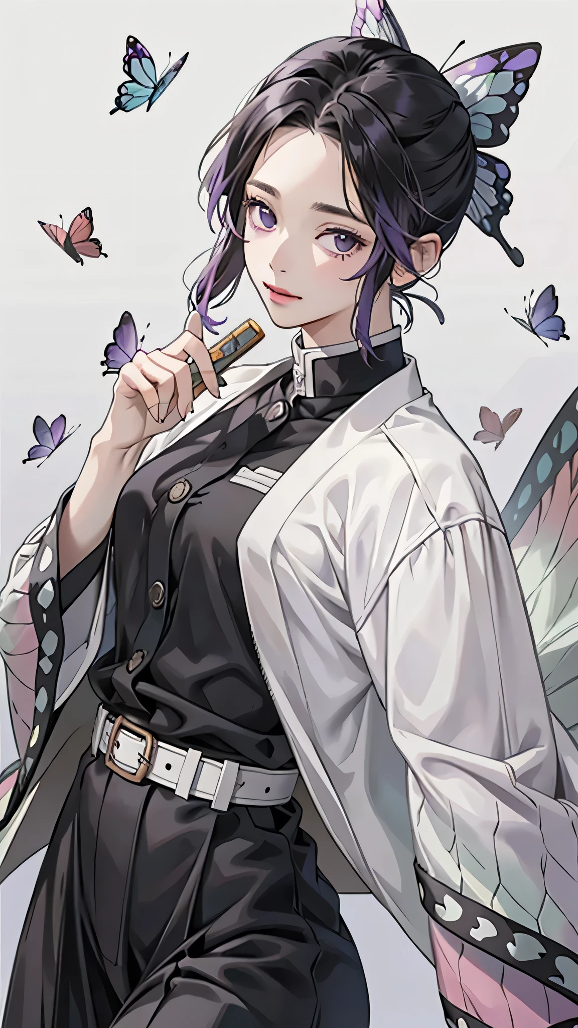 Realistic, High resolution, Soft Light,1 Female, alone, Hip Up, (Detailed face), we \(one piece\), tattoo, jewelry,kochou shinobu,Multicolored Hair,No bangs,Hair Intake,Purple eyes,amount,Black Shirt,Black trousers,Haori,butterfly,button,belt, knife, torn clothing:1.5