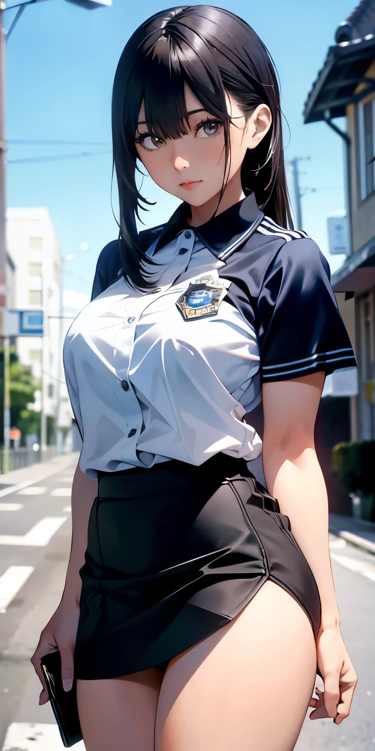 Absurd resolution, A high resolution, (tmasterpiece:1.4), ((gigantic braests)), ultra - detailed, 1girll, brown color eyes, cabelos preto e longos，Wear a police uniform and a short skirt, the city street,sexyposture, The camera is close to the body