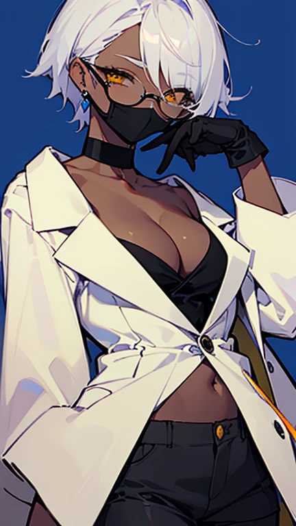 (highest quality、masterpiece:1.2) 1 Female, (adult), tall, (Dark skinned woman, hair over one eye), white hair, blue hair, mixed hair color, yellow Eyes, little glasses, ((white tailored jacket, black shirts, short pants)), smiling eye, collarbone, (cleavage), little earring, (off shoulder), leather gloves, (mouth mask),