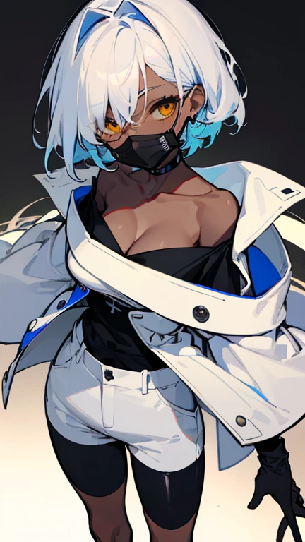 (highest quality、masterpiece:1.2) 1 Female, (adult), tall, (Dark skinned woman, hair over one eye), white hair, blue hair, mixed hair color, yellow Eyes, little glasses, ((white tailored jacket, black shirts, short pants)), smiling eye, collarbone, (cleavage), little earring, (off shoulder), leather gloves, (mouth mask),