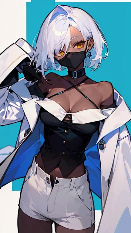 (highest quality、masterpiece:1.2) 1 Female, (adult), tall, (Dark skinned woman, hair over one eye), white hair, blue hair, mixed hair color, yellow Eyes, little glasses, ((white tailored jacket, black shirts, short pants)), smiling eye, collarbone, (), little earring, (off shoulder), leather gloves, (mouth mask),