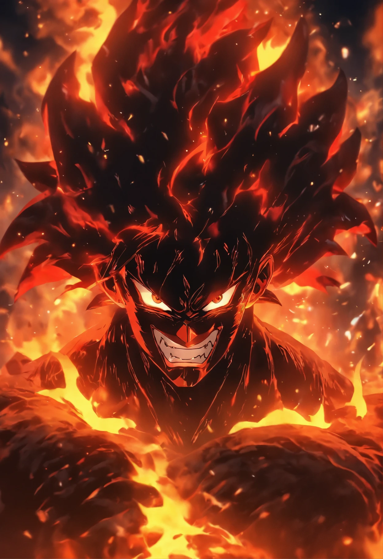 ((masterpiece, best quality, Highest image quality, high resolution, Reality, original photo, 8k)), ((Extremely detailed CG unified 8k wallpaper)), Demon statue made of black rock, Lava Demon, Spark Dance, Flames burst out from the torn body, Flame in the dark image, Red and black theme, Angry face,