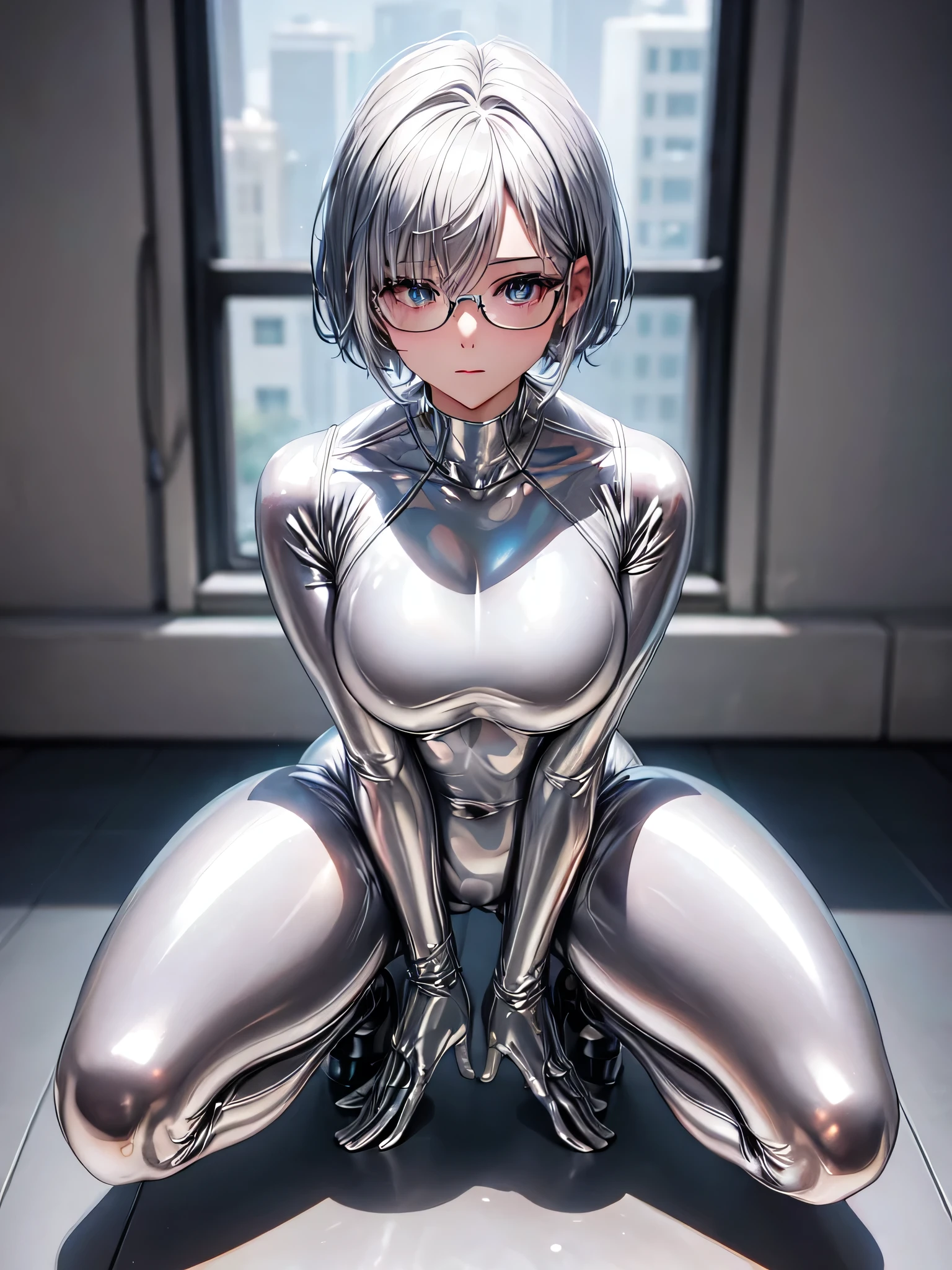 Highest quality 8K UHD、muste piece、Upper body、short hair、Spread your legs apart、sitting down and raising one leg、silver hair、Glasses、Full body shiny silver tights、A beautiful woman wearing a silver metallic suit、Full body silver metallic rubber suit