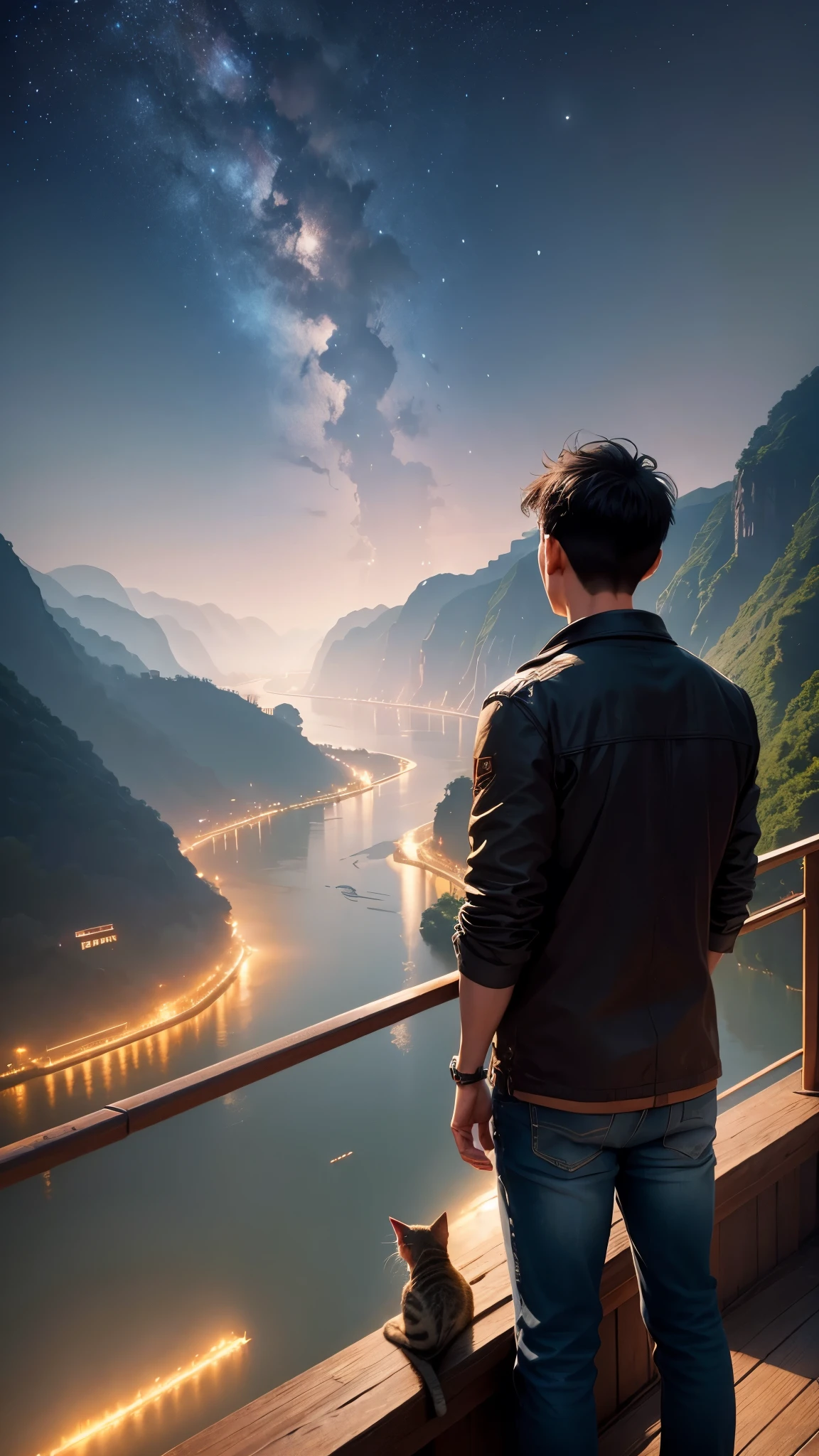a man standing on a yangtze river bridge looking at the river with a cat looks at the river below, the sky is full of stars at night