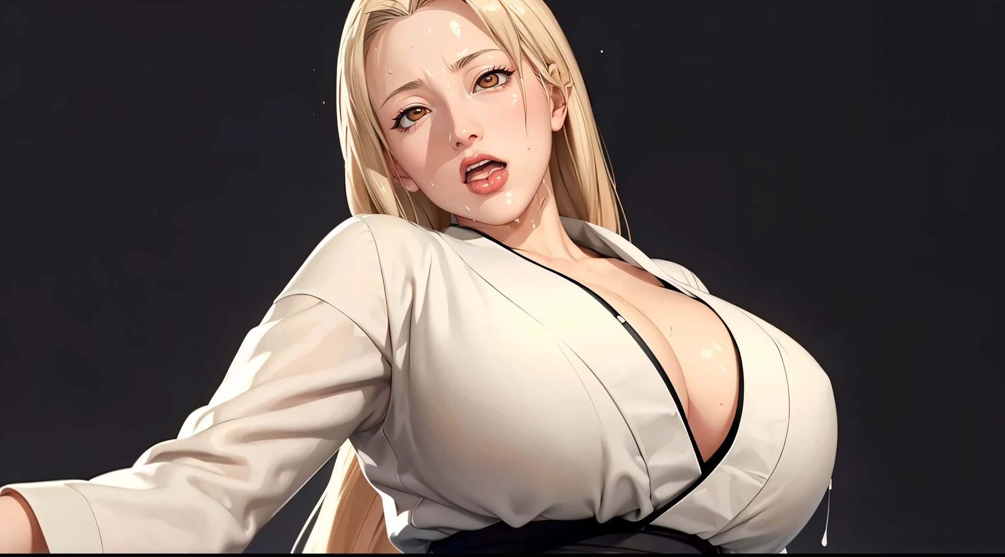 (((完美figure,figure,solo, White and tender skin,(((Cyberpunk,tsunade, Japanese clothes, sash, jacket,A tea green long jacket with black edges, black belt, ))),(((t5un4d3, Light yellow long hair, blue purple mark on forehead, light yellow thin short eyebrows, bright brown pupils, light red lips))),((masterpiece)),high resolution, ((Best quality at best)),masterpiece,quality,Best quality,((( Exquisite facial features,Looking at the audience,There is light in the eyes,(((ahegao,ahegao,focus the eyes clearly, nose and mouth,face focus, woman with open mouth and closed eyes, angle from below,sweaty skin、Lighting that emphasizes the skin that shines with sweat、Skin shiny with sweat、shiny skin、(wet and shiny tongue)))),))),型figure:1.7))),(((Light and shadow,Huge breasts))),(((Looking at the camera,black background))))
