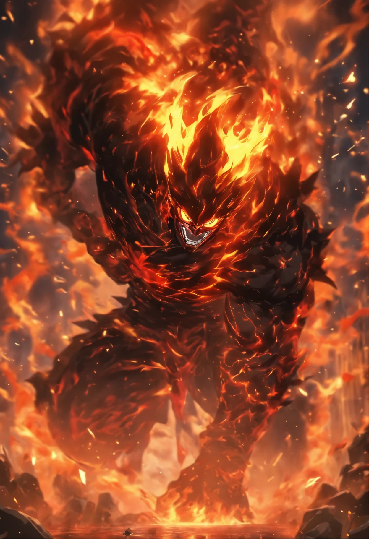 ((masterpiece, best quality, Highest image quality, high resolution, Reality, original photo, 8k)), ((Extremely detailed CG unified 8k wallpaper)), Demon statue made of black rock, Lava Demon, Spark Dance, Flames burst out from the torn body, Flame in the dark image, Red and black theme, Angry face,